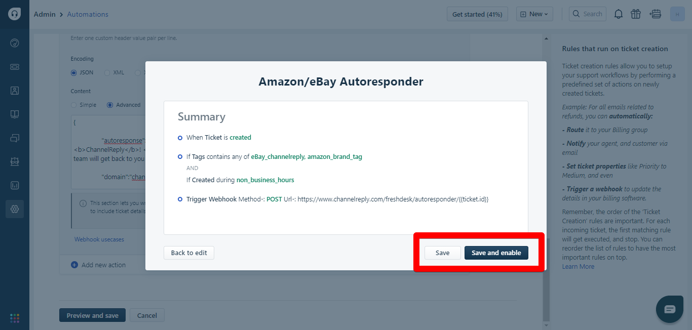 “Save and enable” button in Freshdesk automations