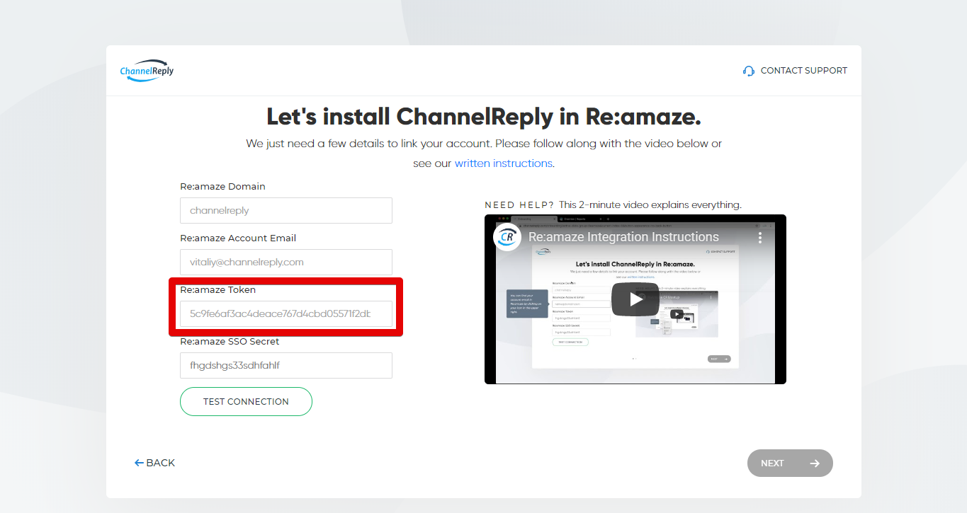 Entering Your Re:amaze Token in ChannelReply
