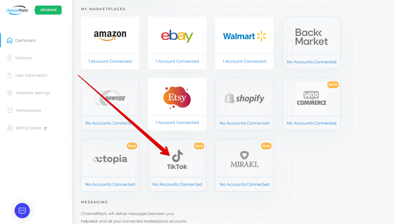 TikTok under My Marketplaces on the ChannelReply dashboard