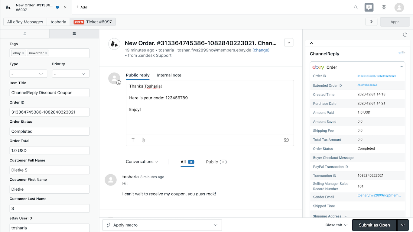 Replying to an eBay Message in Zendesk