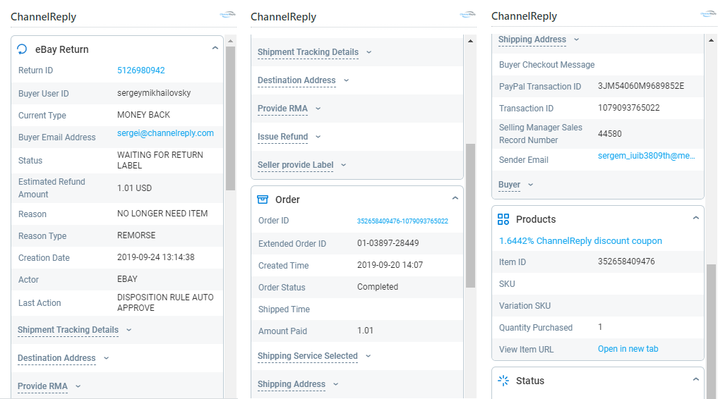 ChannelReply App Data and Options on eBay Returns