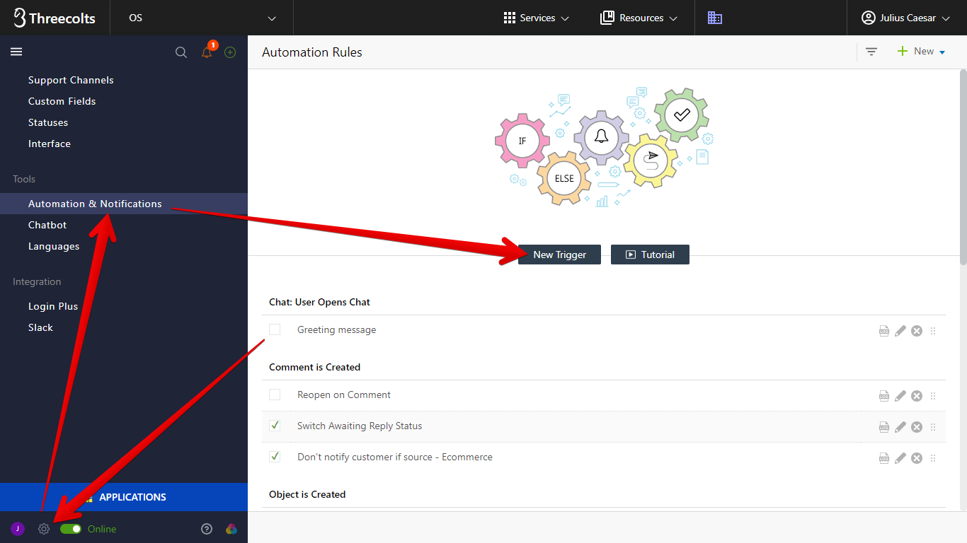 Administration, Automation & Notifications, and New Trigger Button