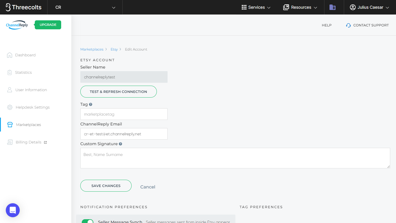 Etsy Edit Account settings in ChannelReply