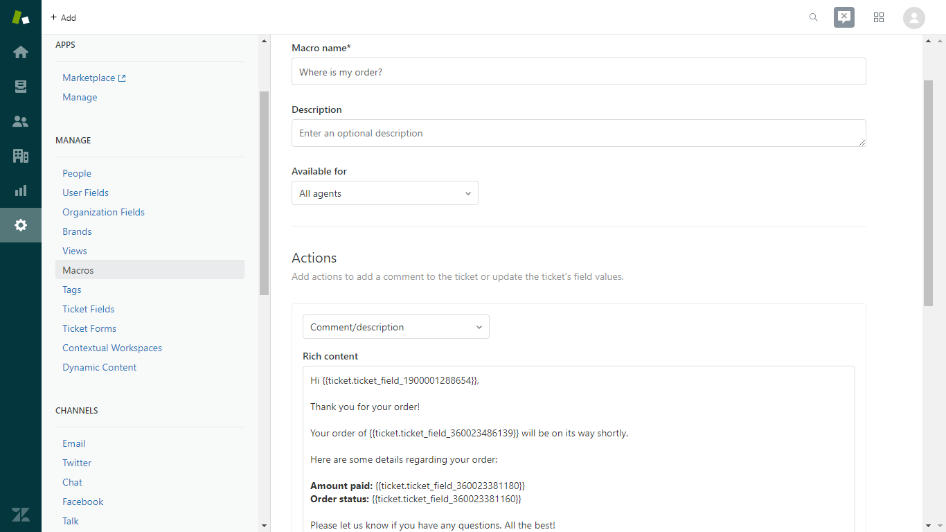 Creating a response template (macro) in Zendesk
