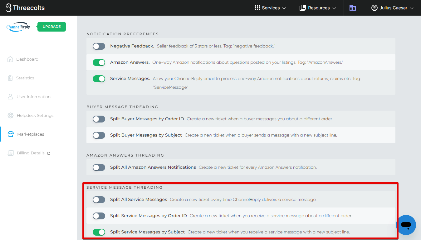 Service Message Threading Options