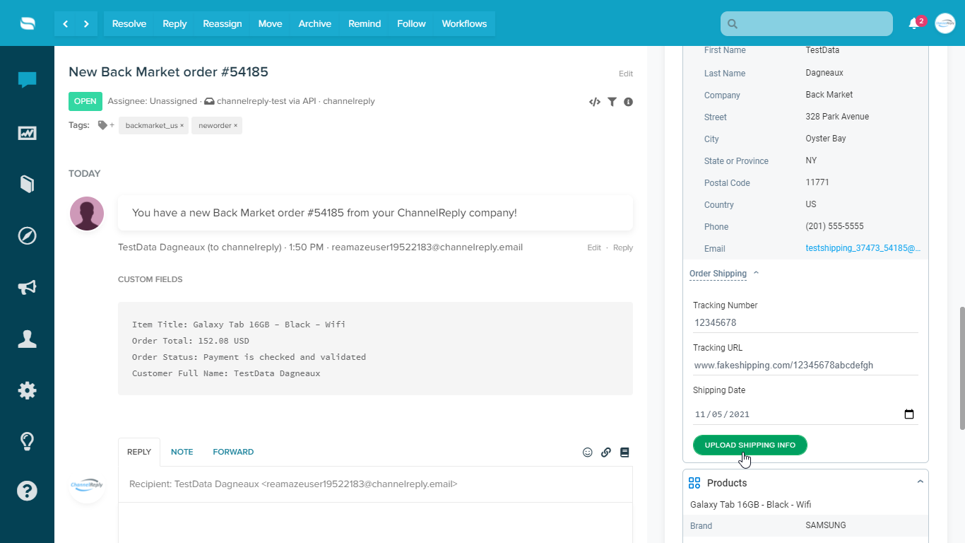 Uploading Shipping Info on a Back Market New Order Notification from ChannelReply in Re:amaze