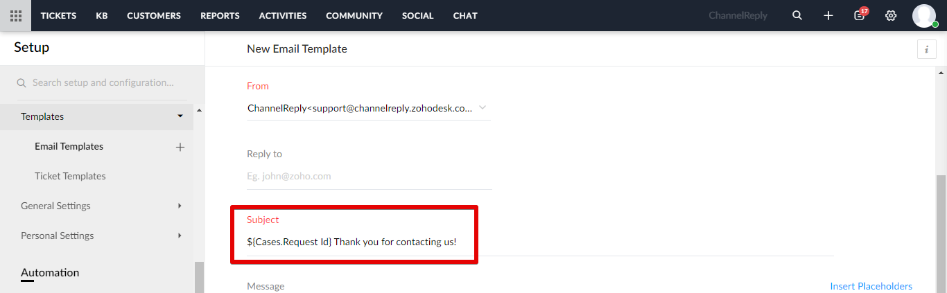 Subject line beginning with ${Cases.Request Id}