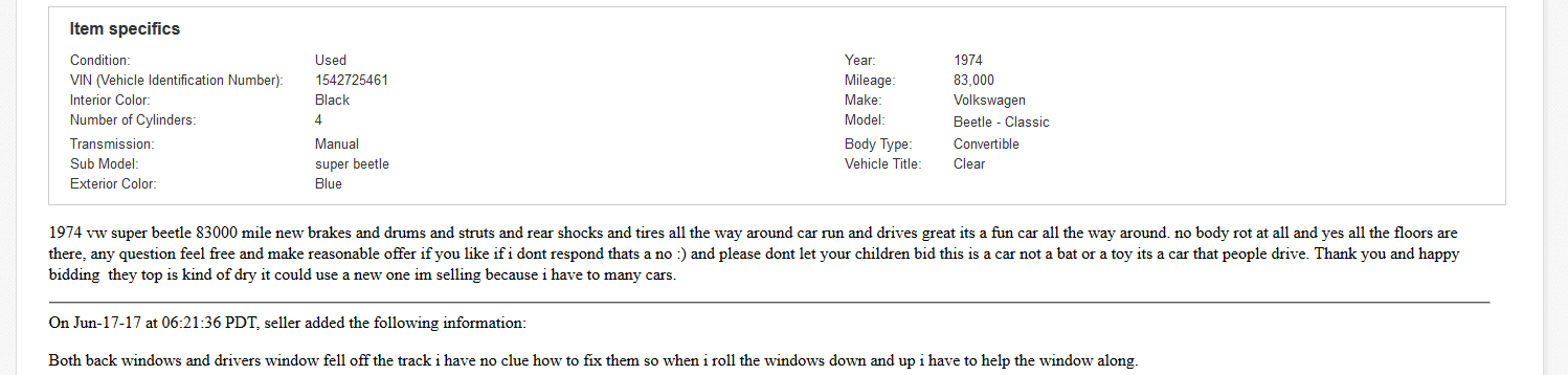 Successful VW Beetle Listing Description by tonyb76er