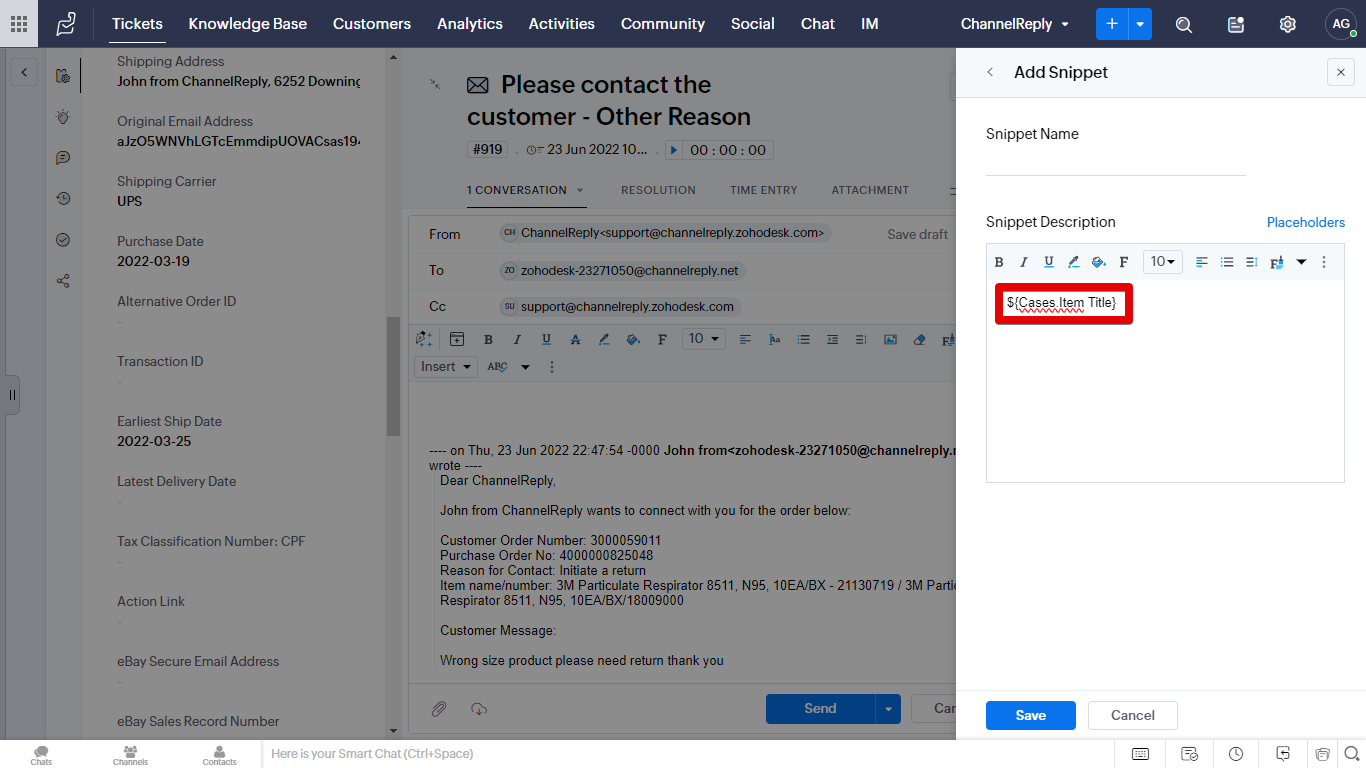 Item Title placeholder in a new snippet