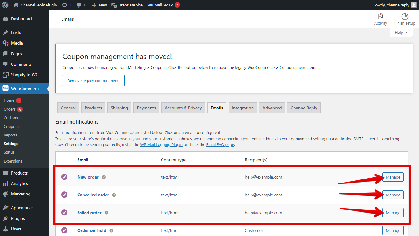 New order, cancelled order, and failed order email settings and corresponding Manage buttons