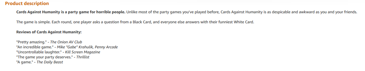 Cards Against Humanity Product Description on Amazon