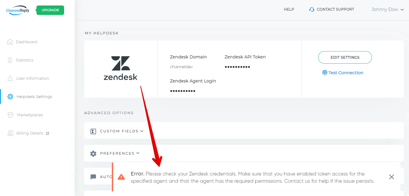 Zendesk connection error in ChannelReply