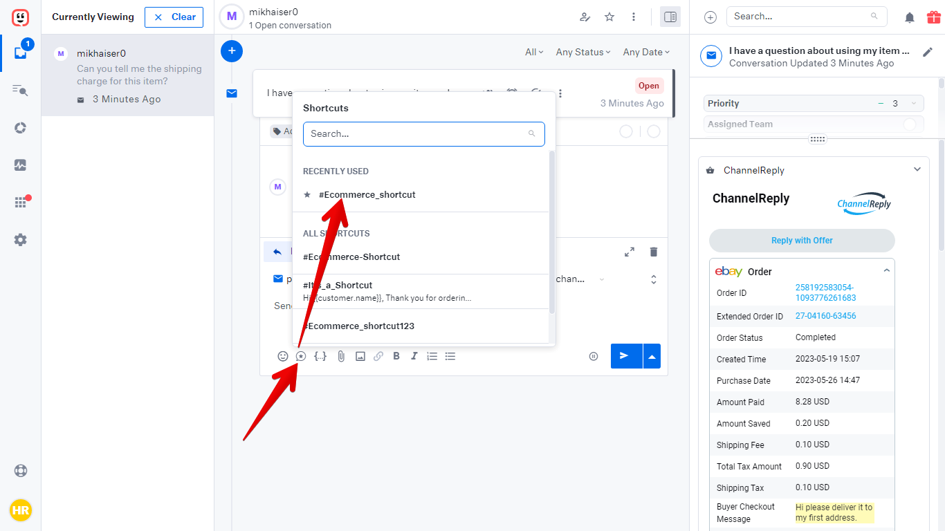 Insert shortcut button and selecting a shortcut