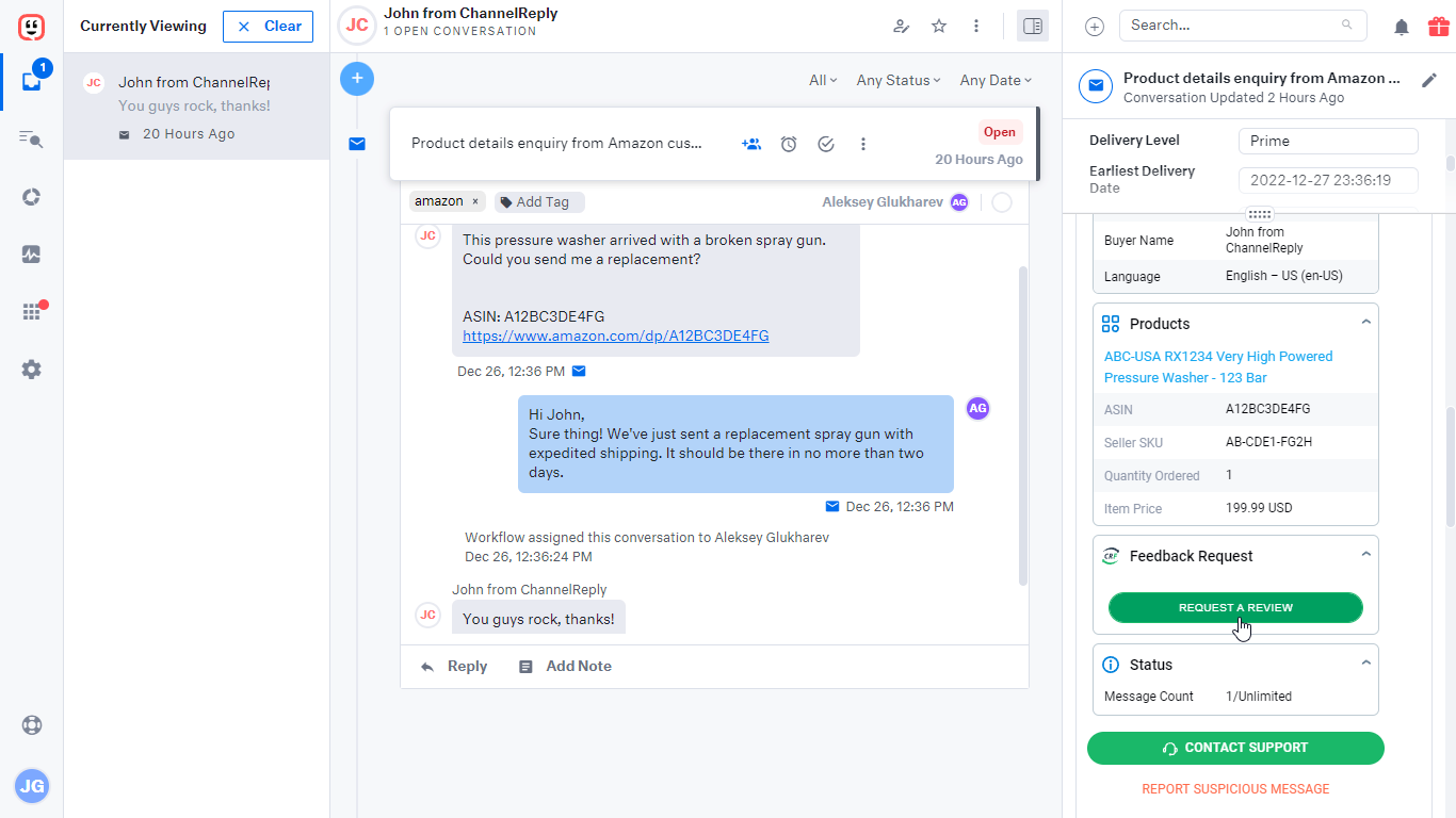 A threaded conversation in Kustomer with Request a Review button in ChannelReply app
