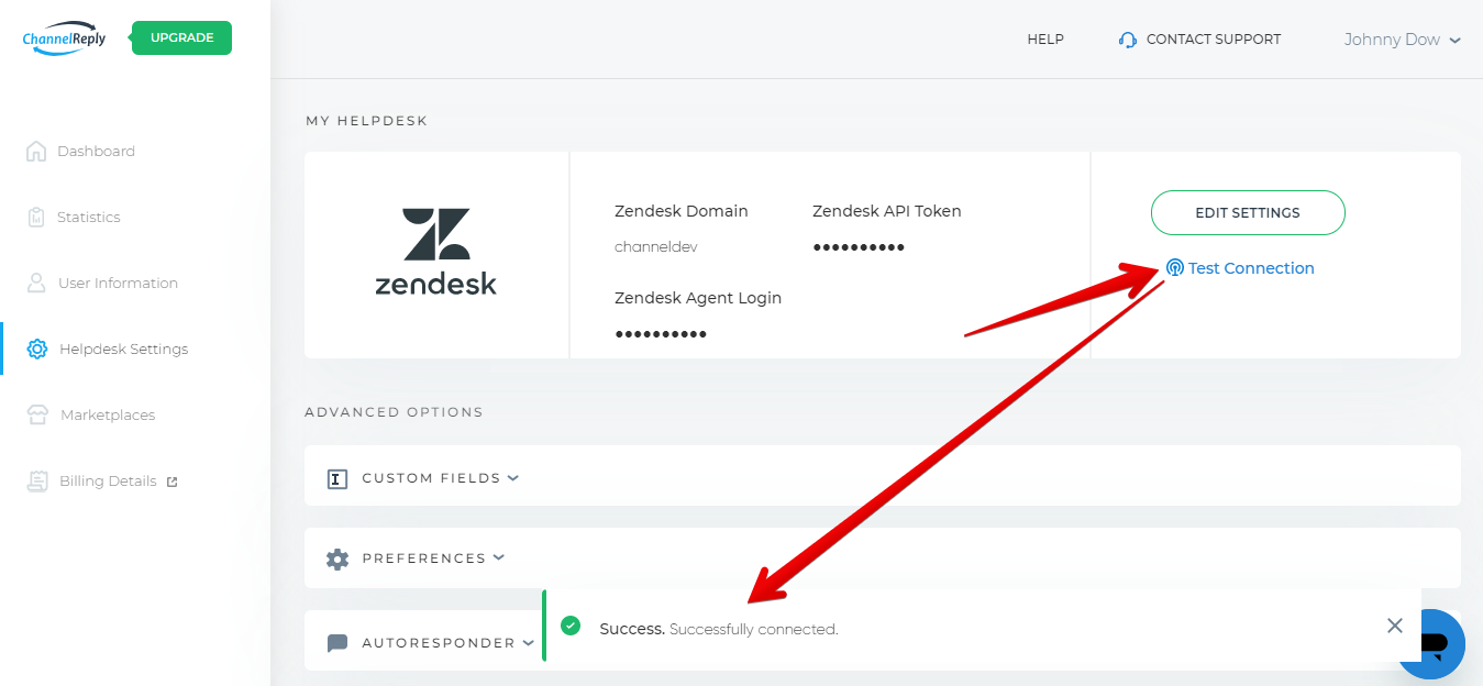 Test Connection and connection success notification