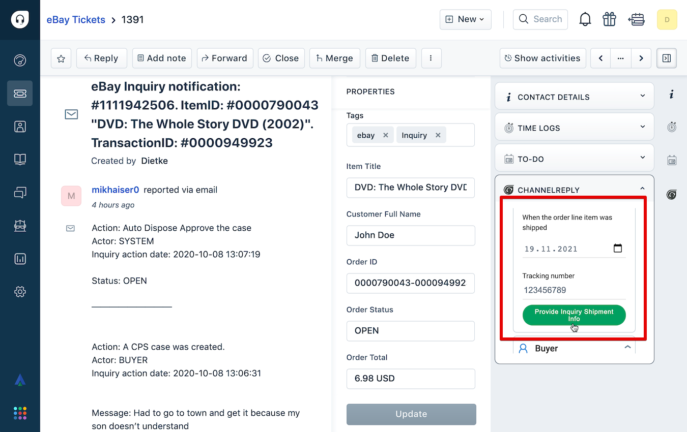 Providing Shipping Info to the eBay Resolution Center in Freshdesk