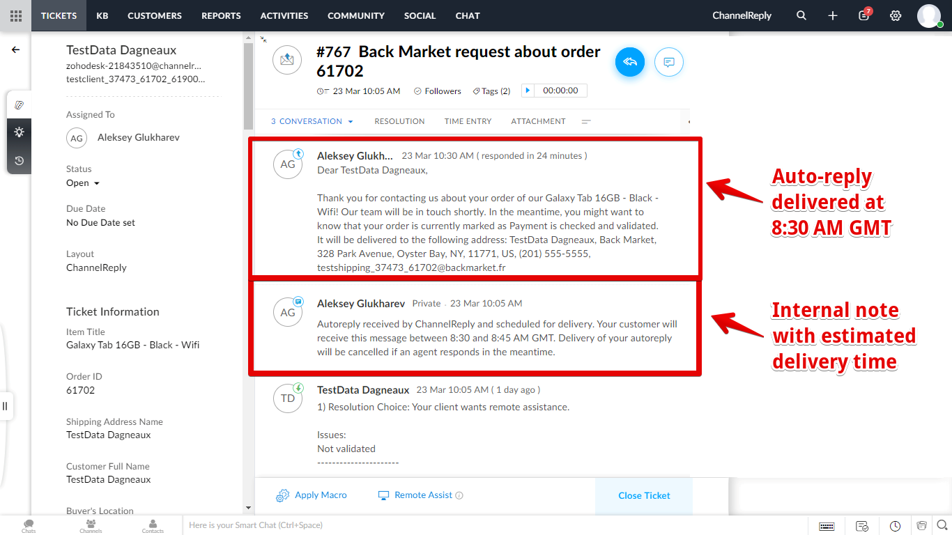 Internal note from ChannelReply with estimated autoresponder delay