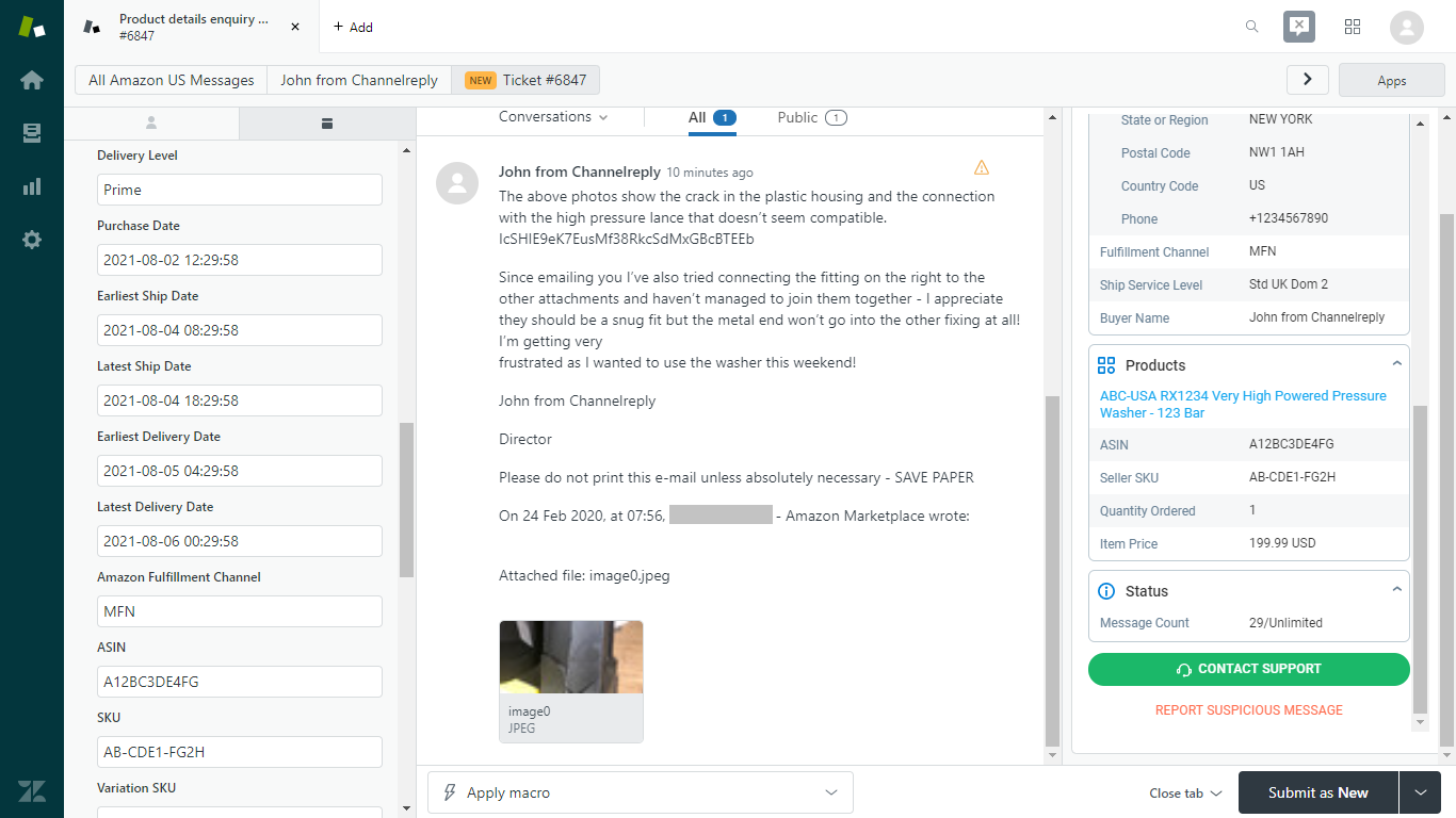 Bottom Third of the ChannelReply Zendesk App on an Amazon Ticket