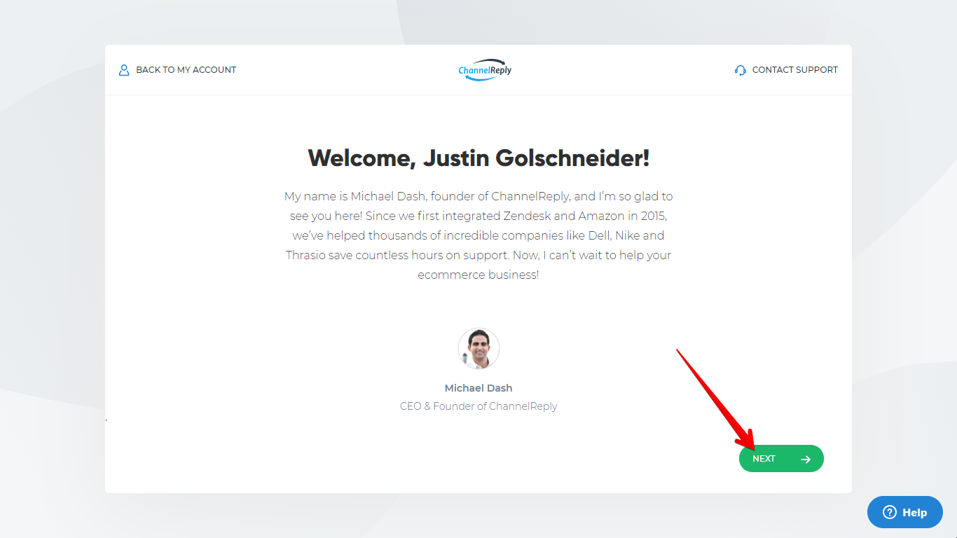 Next button on the ChannelReply welcome screen