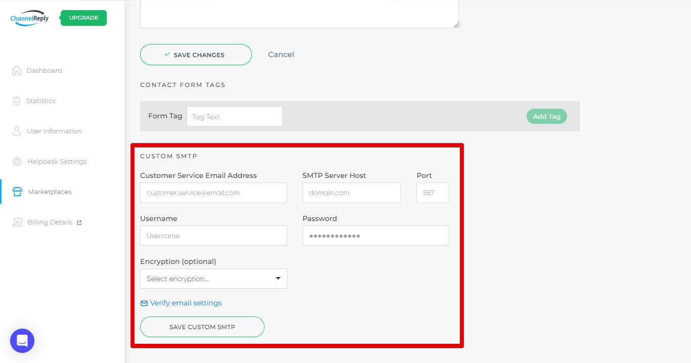 Custom SMTP Settings