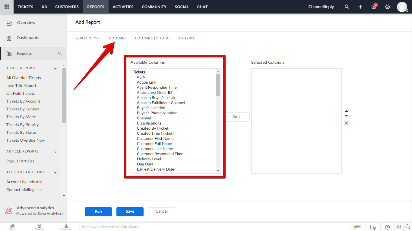 Custom Fields in Zoho Desk Report Column Settings