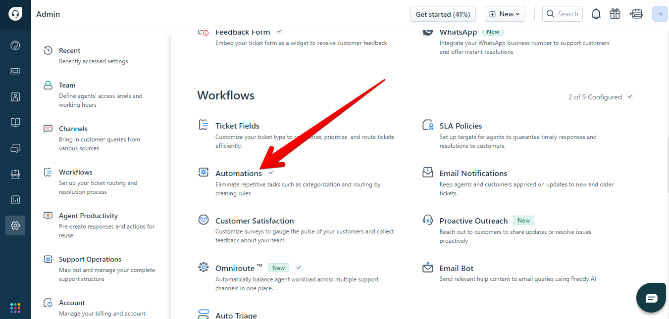 Arrow over Automations in Freshdesk Admin