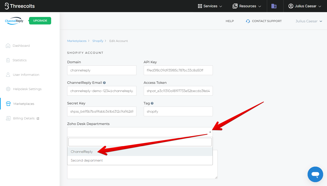 Zoho Desk Departments Dropdown for Shopify in ChannelReply