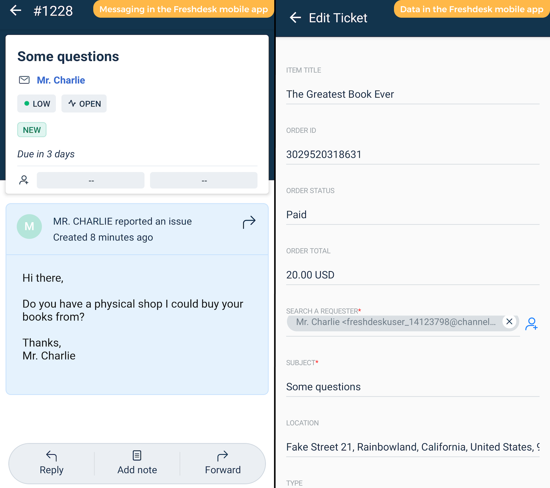 A Shopify Message in Freshdesk on an iPhone with ChannelReply Custom Field Data on the Right