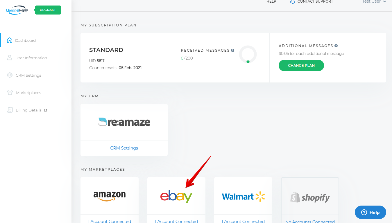 Choosing eBay on the ChannelReply Dashboard