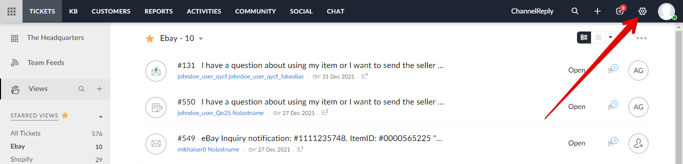 Setup button in Zoho Desk (the gear icon in the upper right)