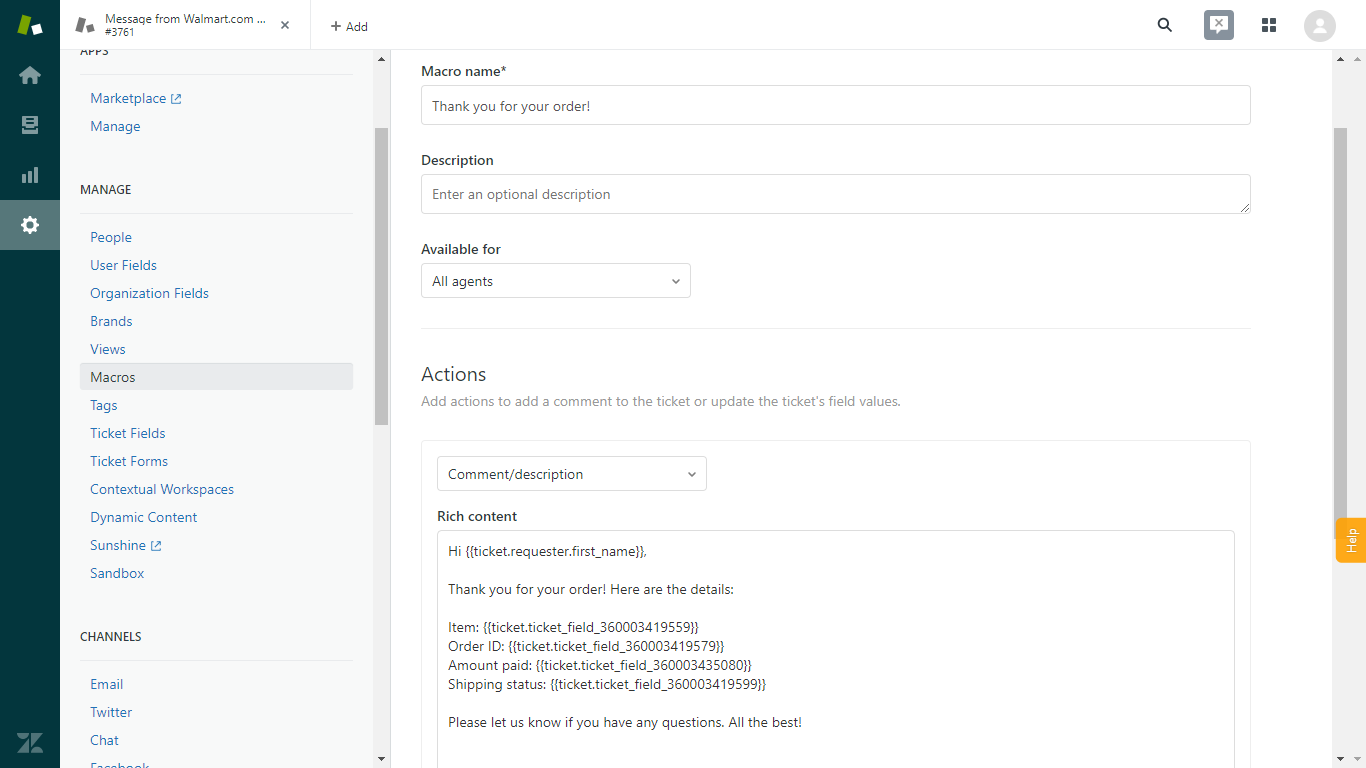 Zendesk Macro for Walmart Orders