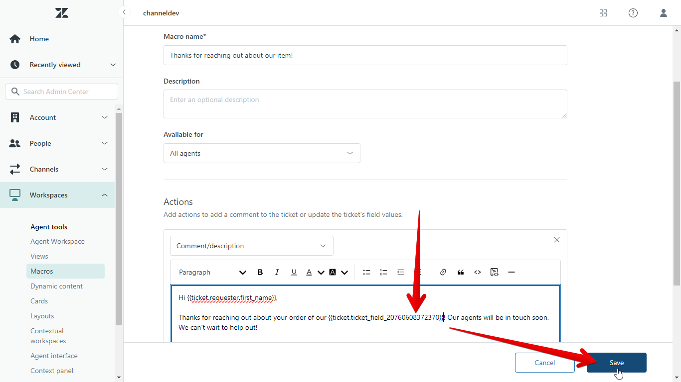 Pasting a ChannelReply custom field placeholder into a Zendesk macro and hitting Save