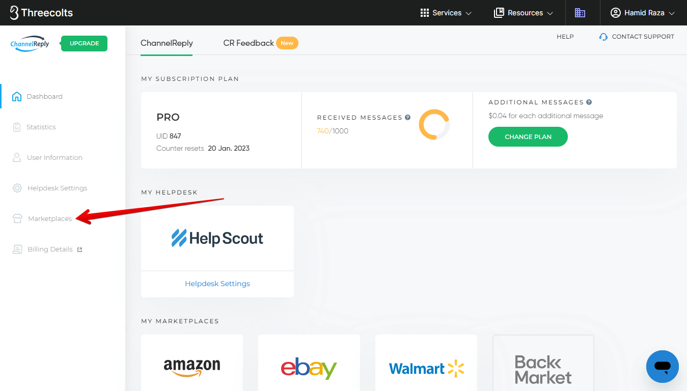 Marketplaces Tab in Left-Hand Menu