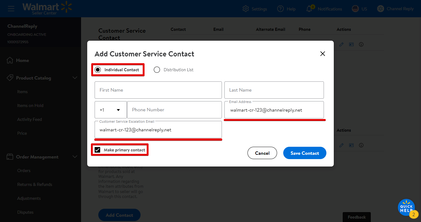 Settings for Add Customer Service Contact