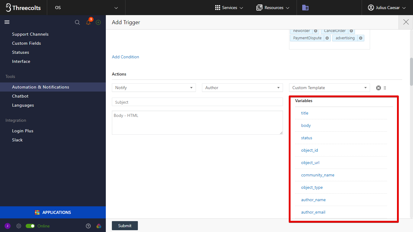 Variables next to Onsite Autoresponder Message Body Field