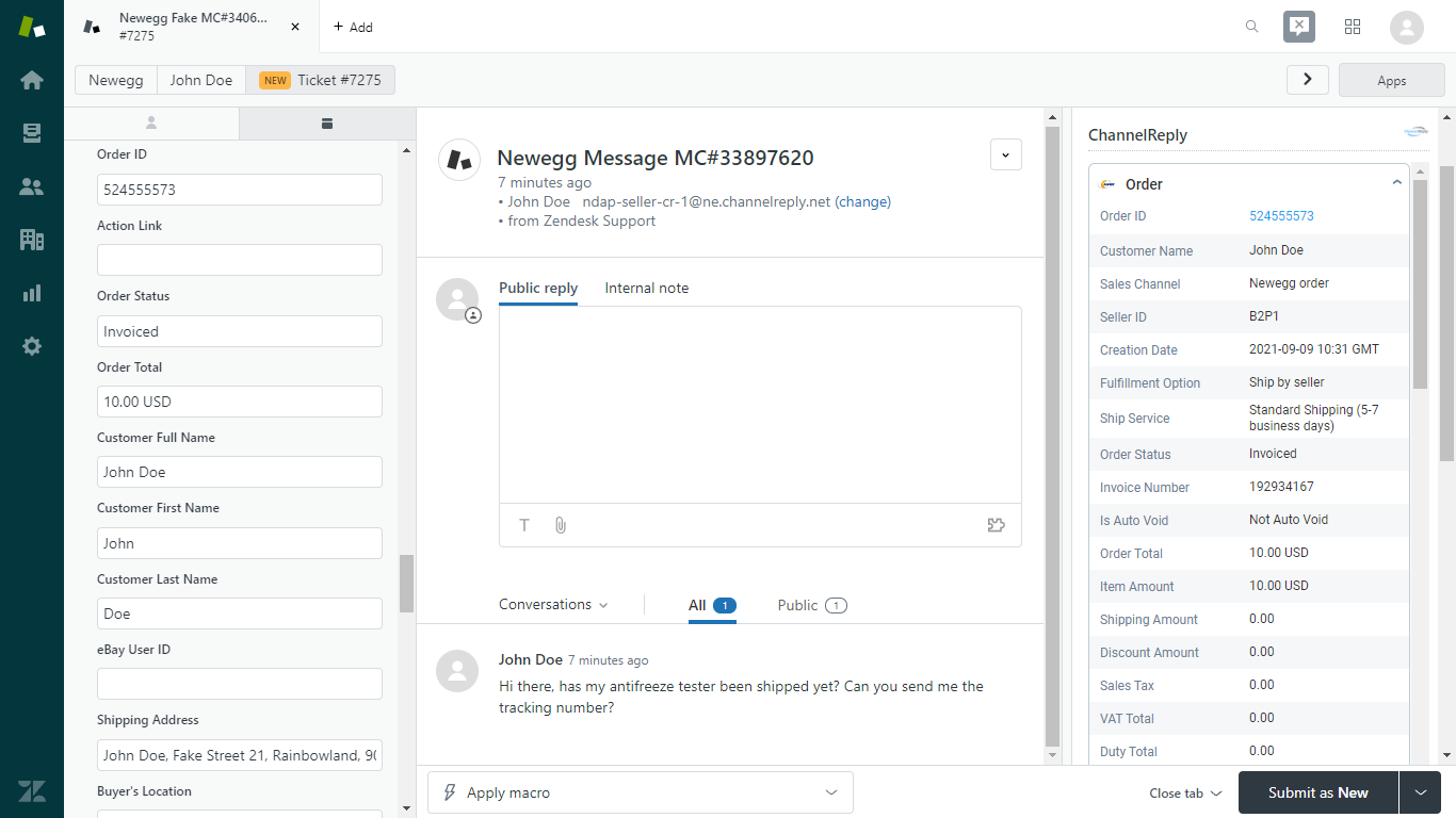 Newegg ticket shown in Zendesk