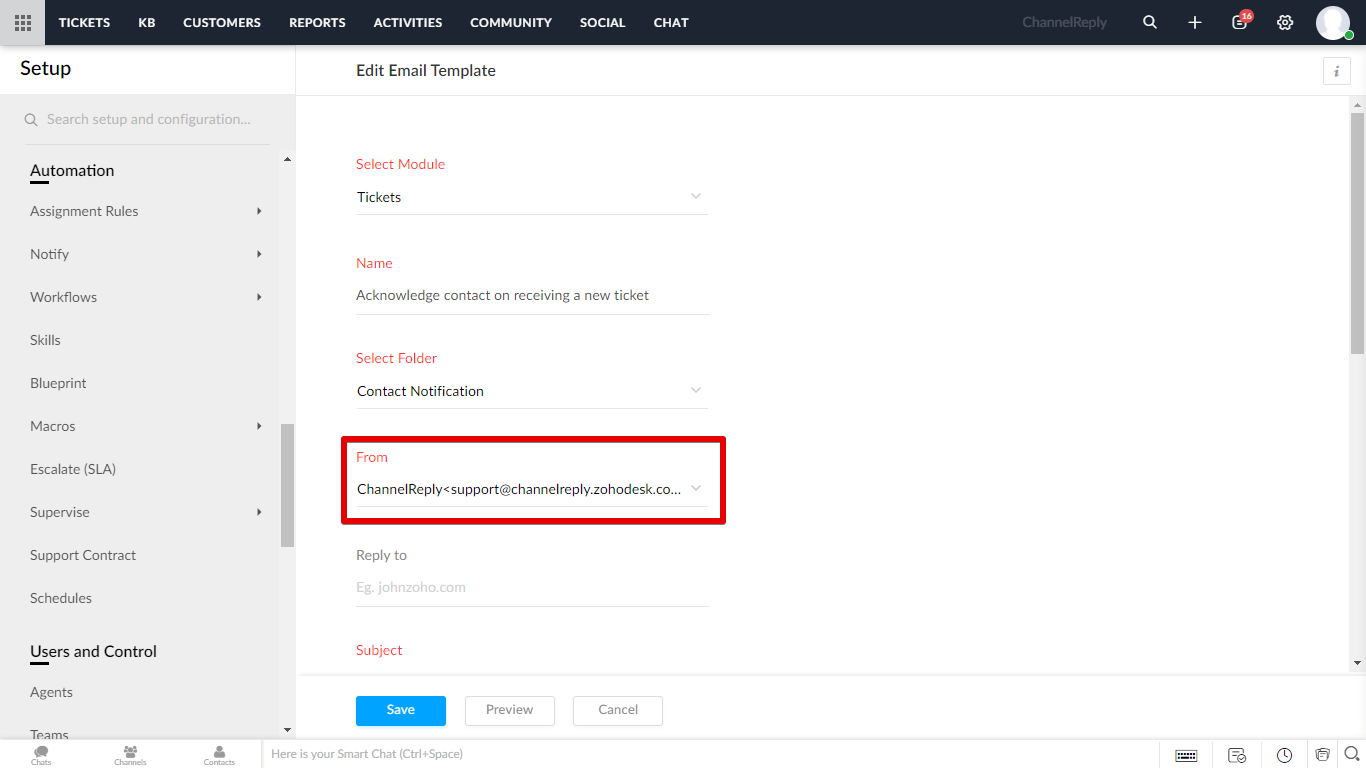 From field with an email address selected