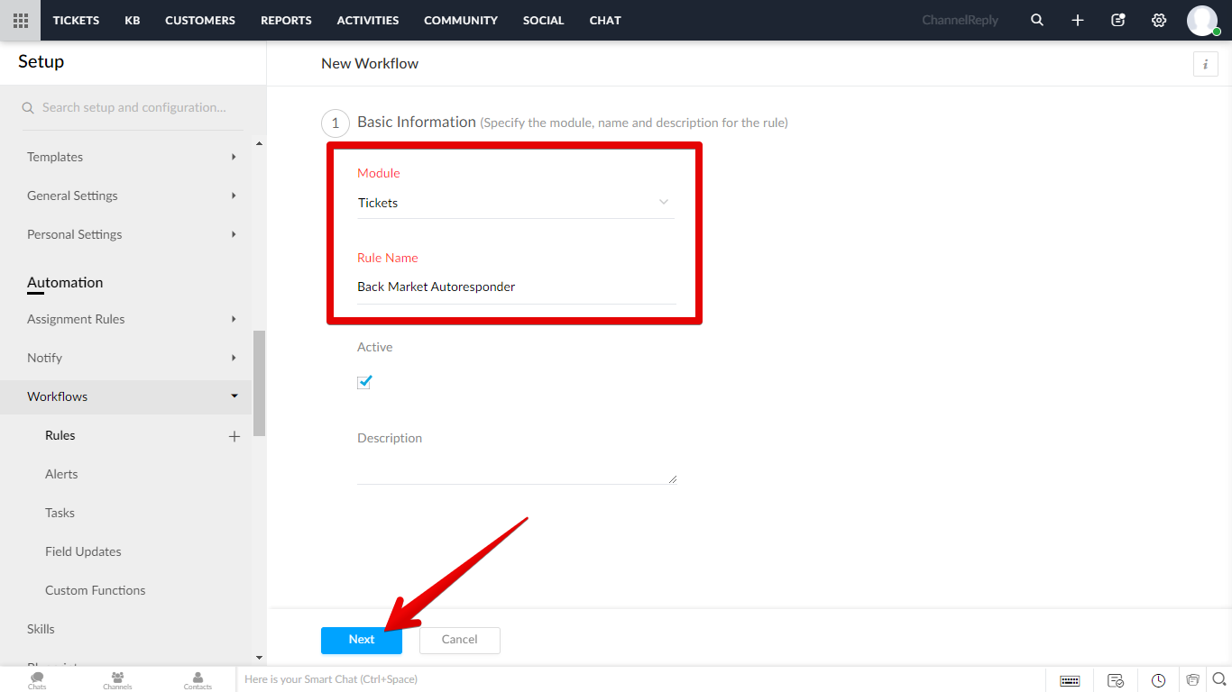 Module set to Tickets, Rule Name filled in, and Next button