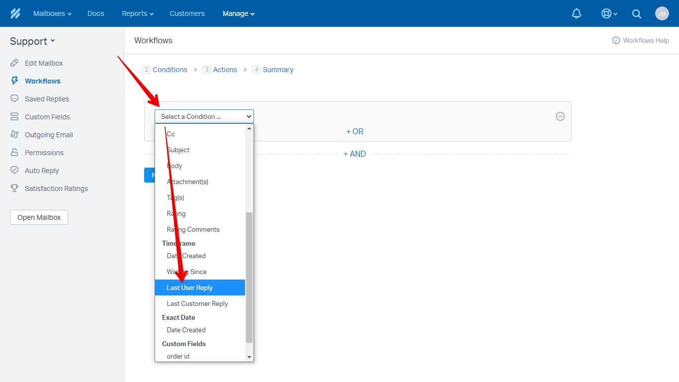 Select a Condition and Last User Reply Options