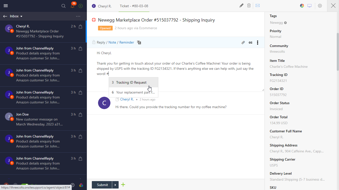Answering a Newegg Message with a Canned Response in Onsite