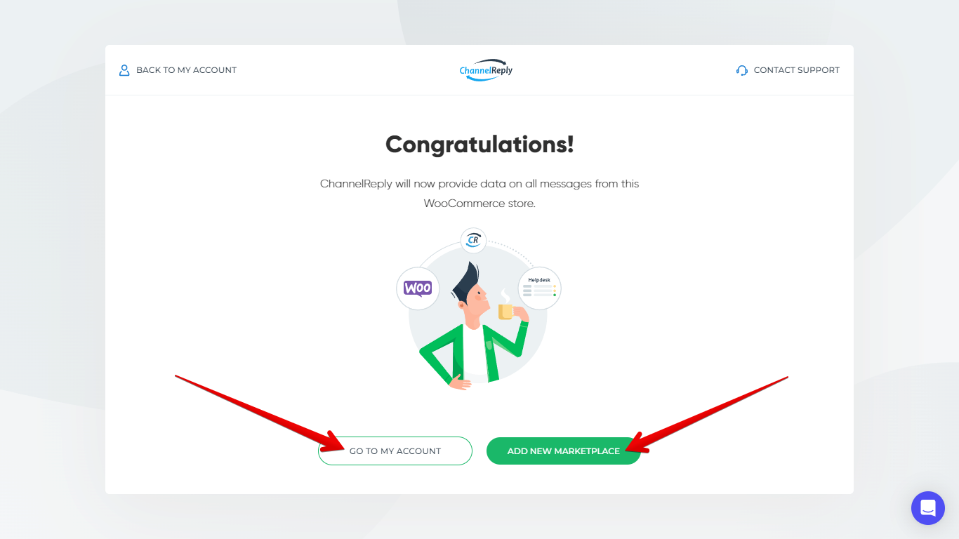 Go to My Account and Add New Marketplaces buttons on the WooCommerce integration success screen