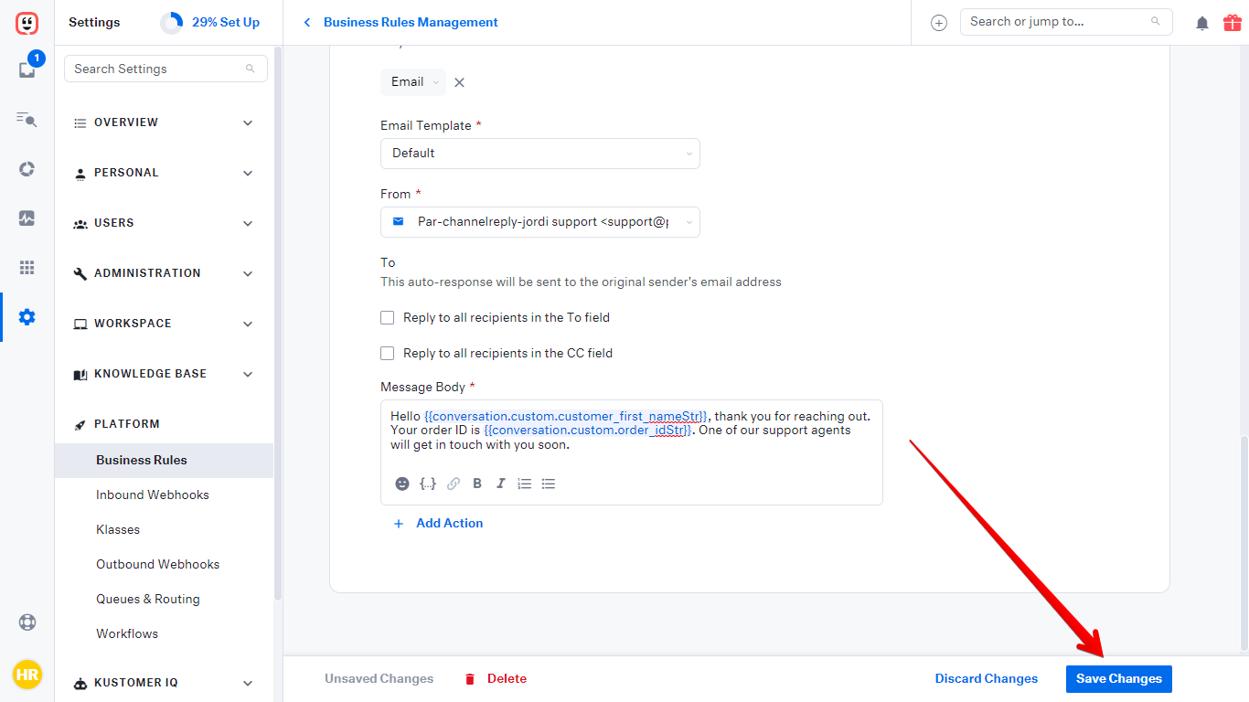 Save Changes button on a Kustomer business rule