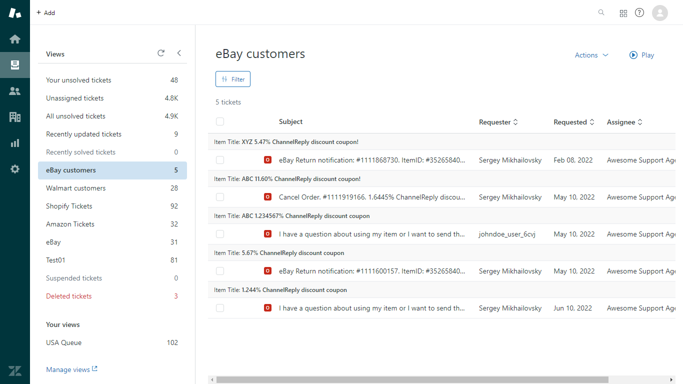 eBay Tickets View Grouped by Item Title