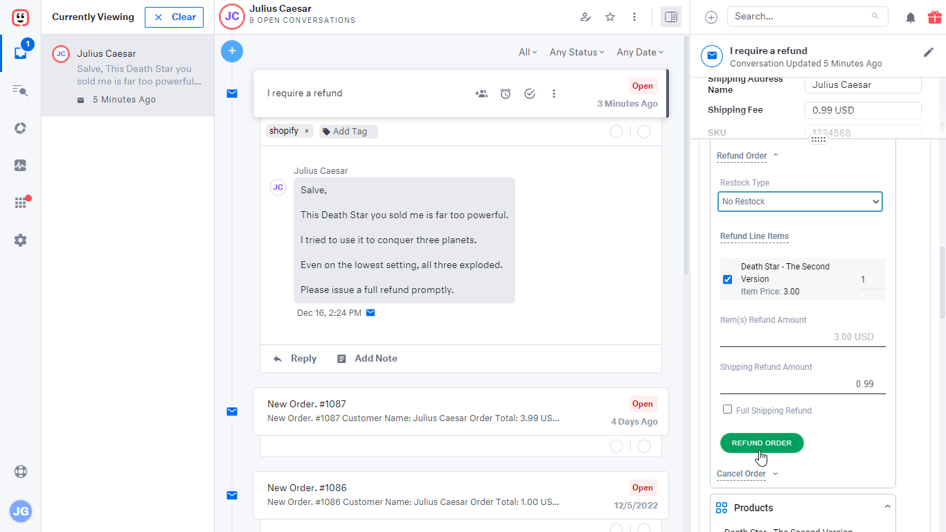 Refund button in ChannelReply app on a Shopify ticket in Kustomer