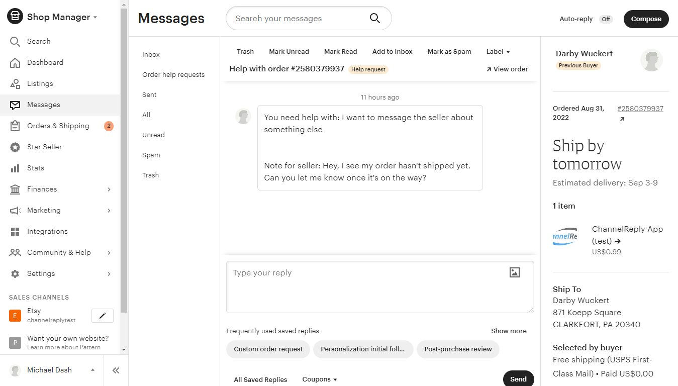 Arriving in an Etsy conversation after clicking Reply on Etsy in the ChannelReply app