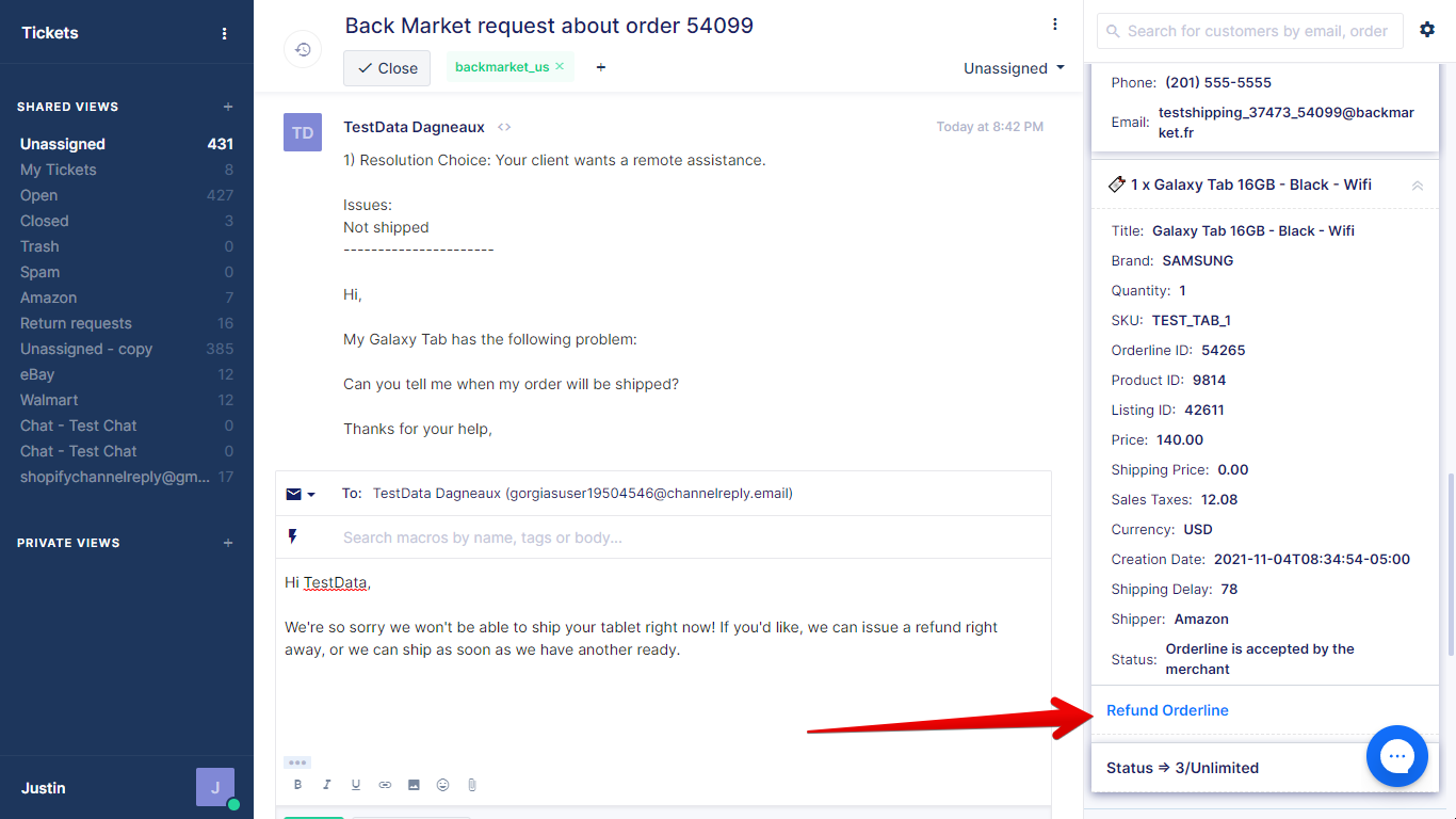 Refunding a Back Market orderline in Gorgias