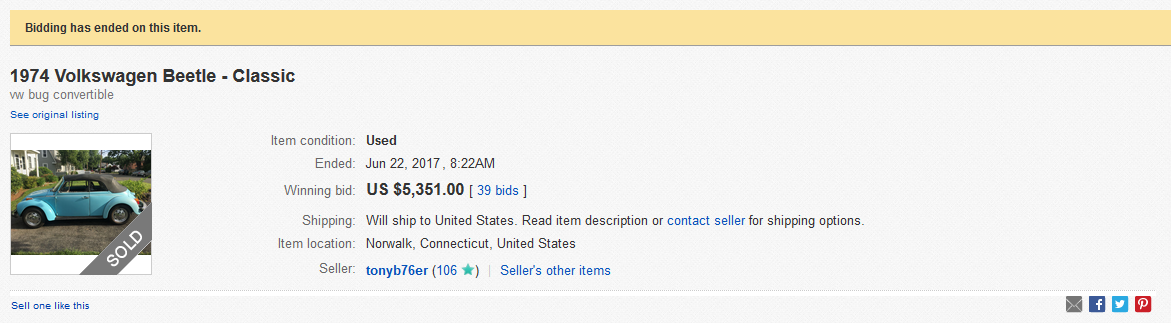 Bids on an Old VW Beetle on eBay