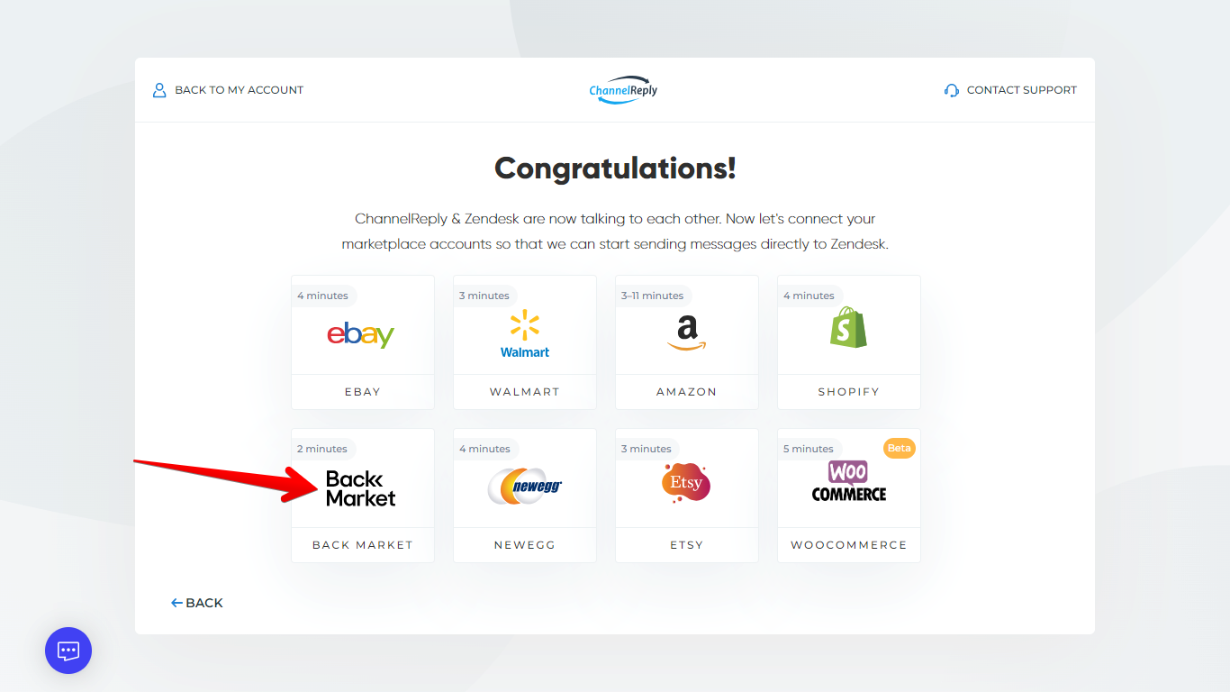 Back Market on the ChannelReply-Re:amaze integration success screen