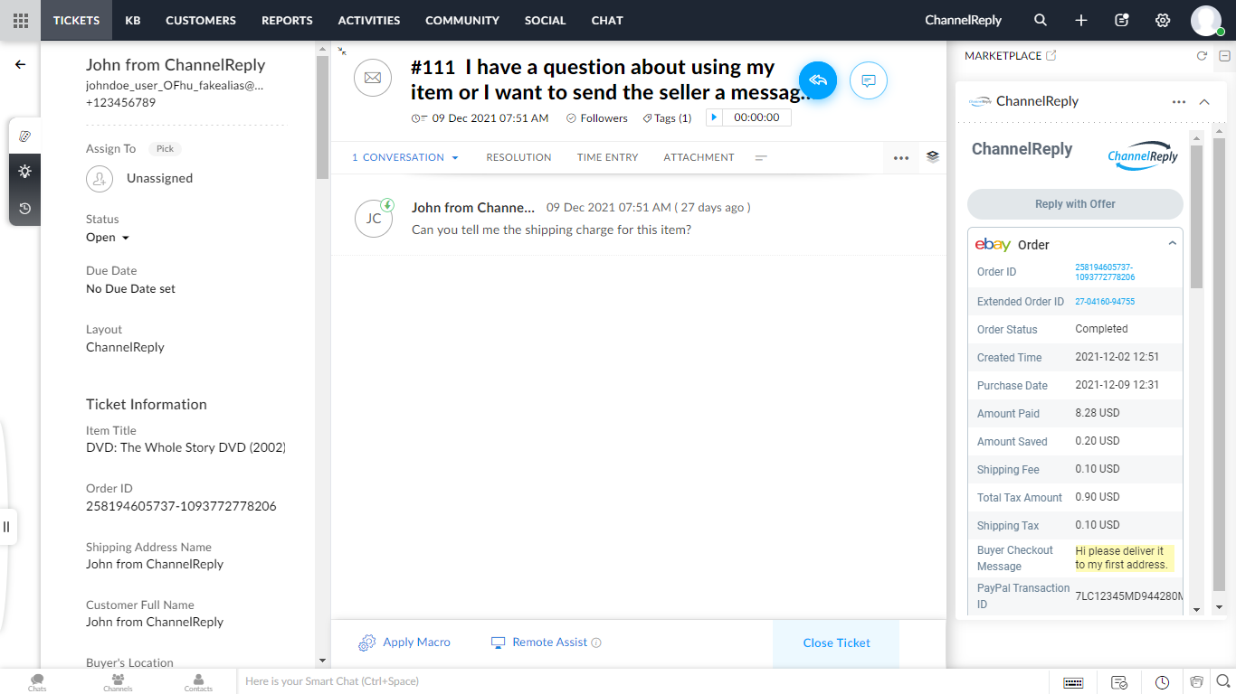 Screenshot of ChannelReply's eBay-Zoho Integration