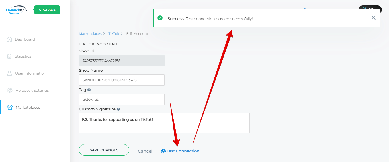 Test Connection button with success message